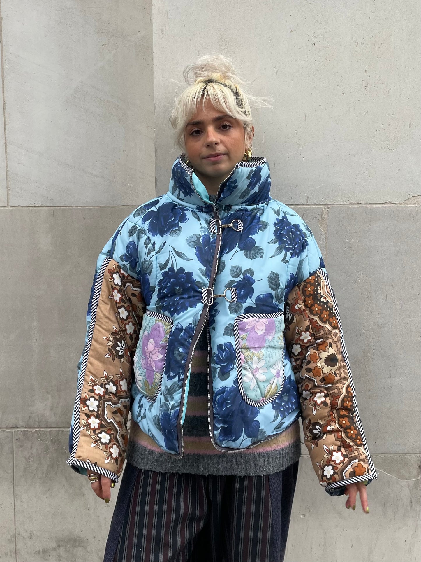 The Puffer Jacket in Blue and Brown Florals