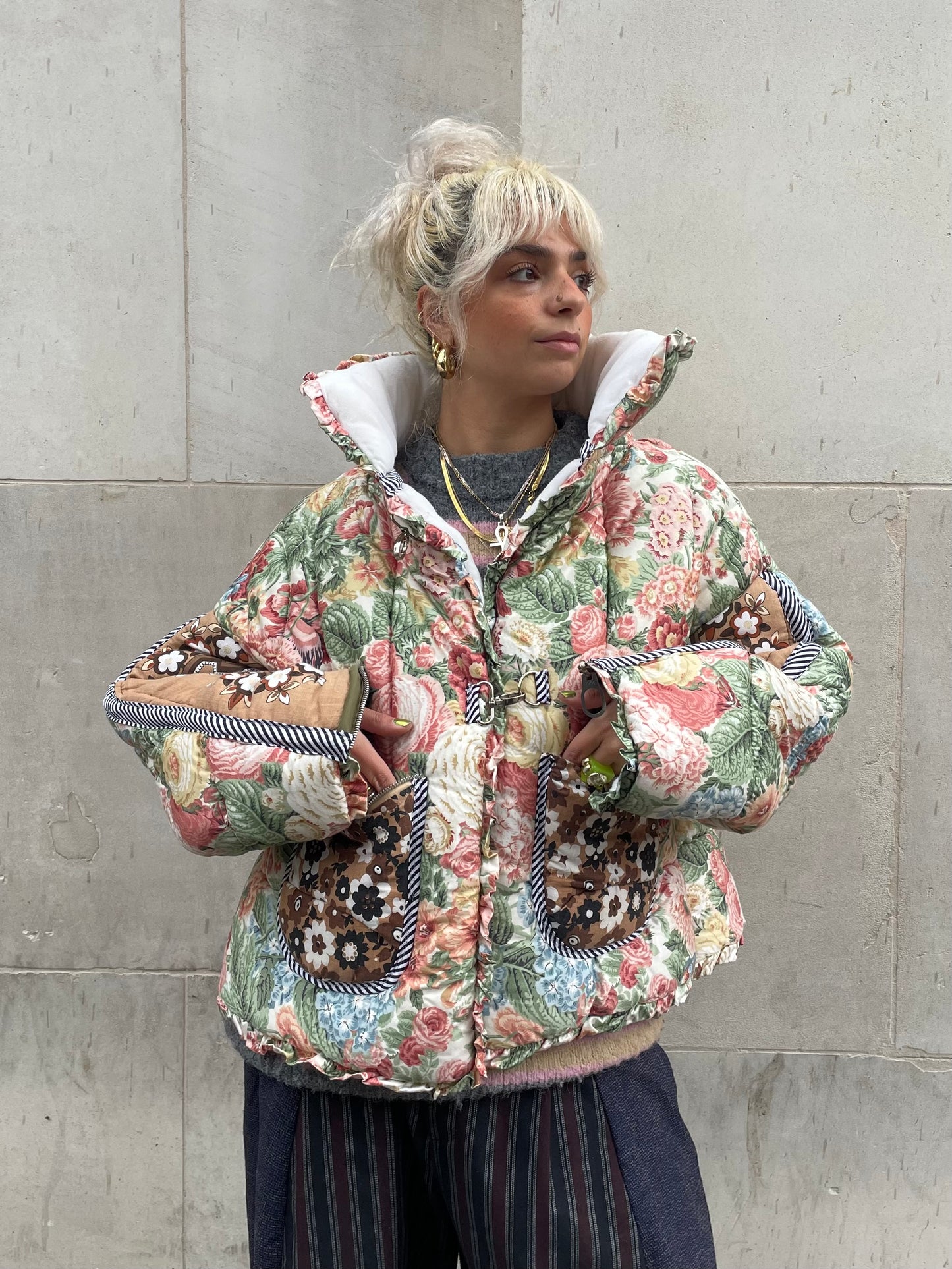 The Puffer Jacket in Pink Green and Brown Florals