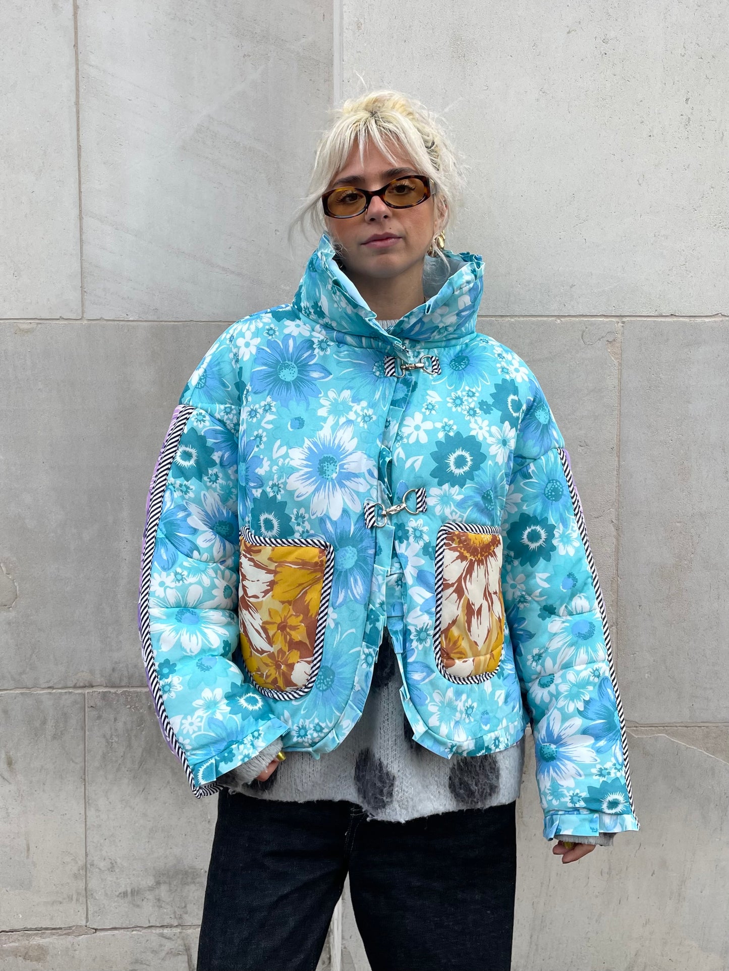 The Puffer Jacket in Blue and Yellow Florals
