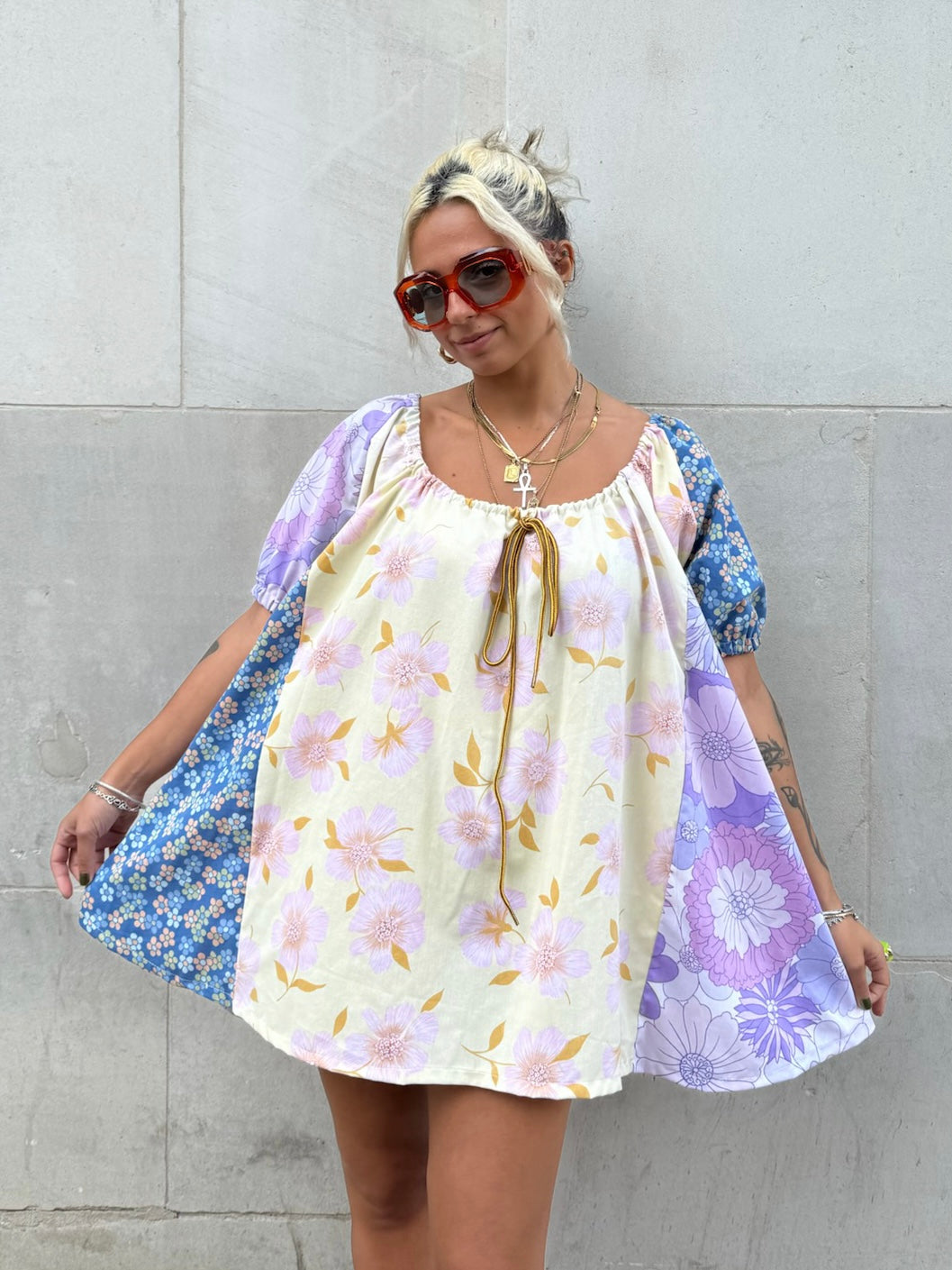 The Babydoll Dress in Mixed Yellow and Lilac Floral