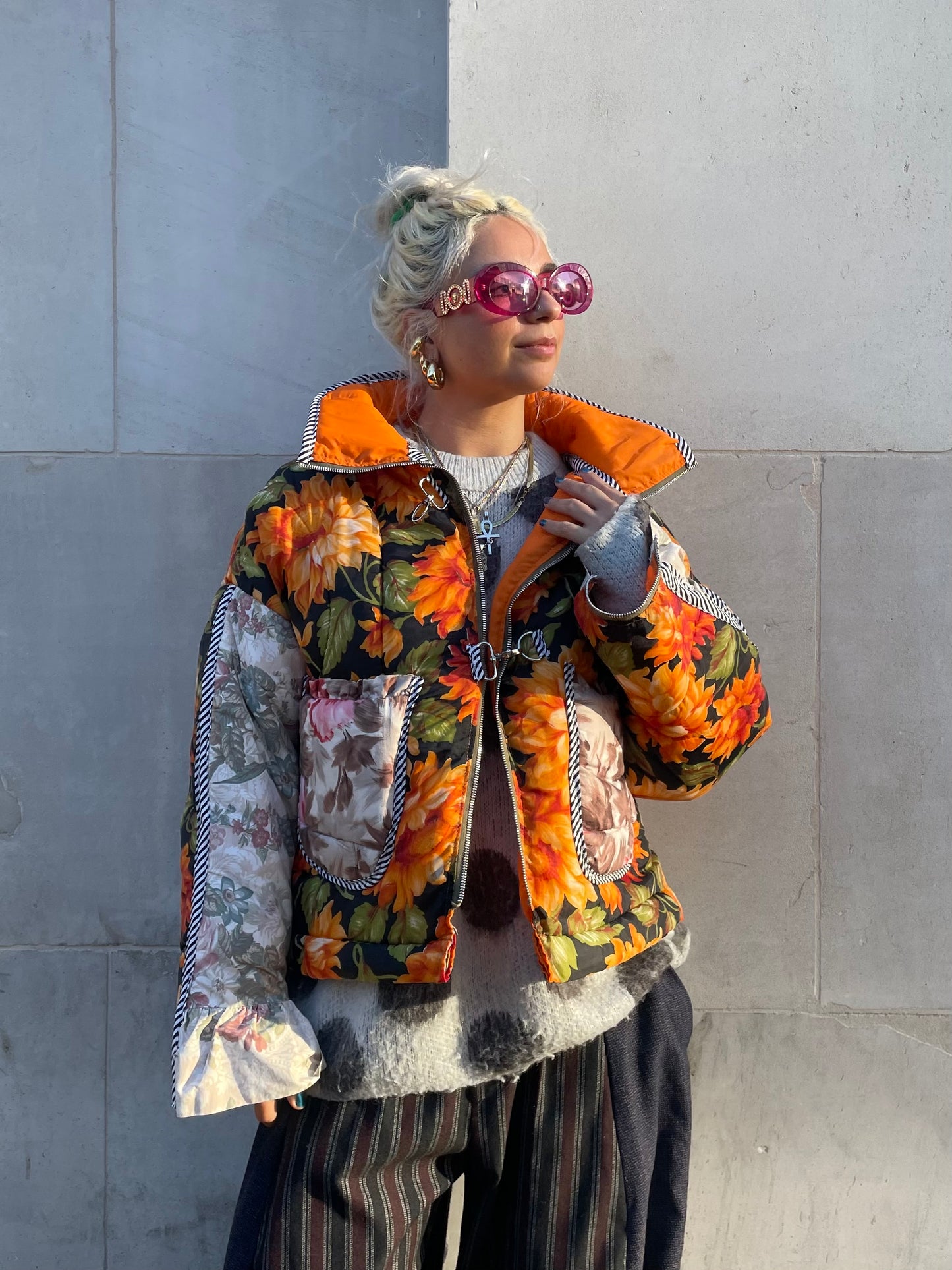The Puffer Jacket in Orange and Pink Florals