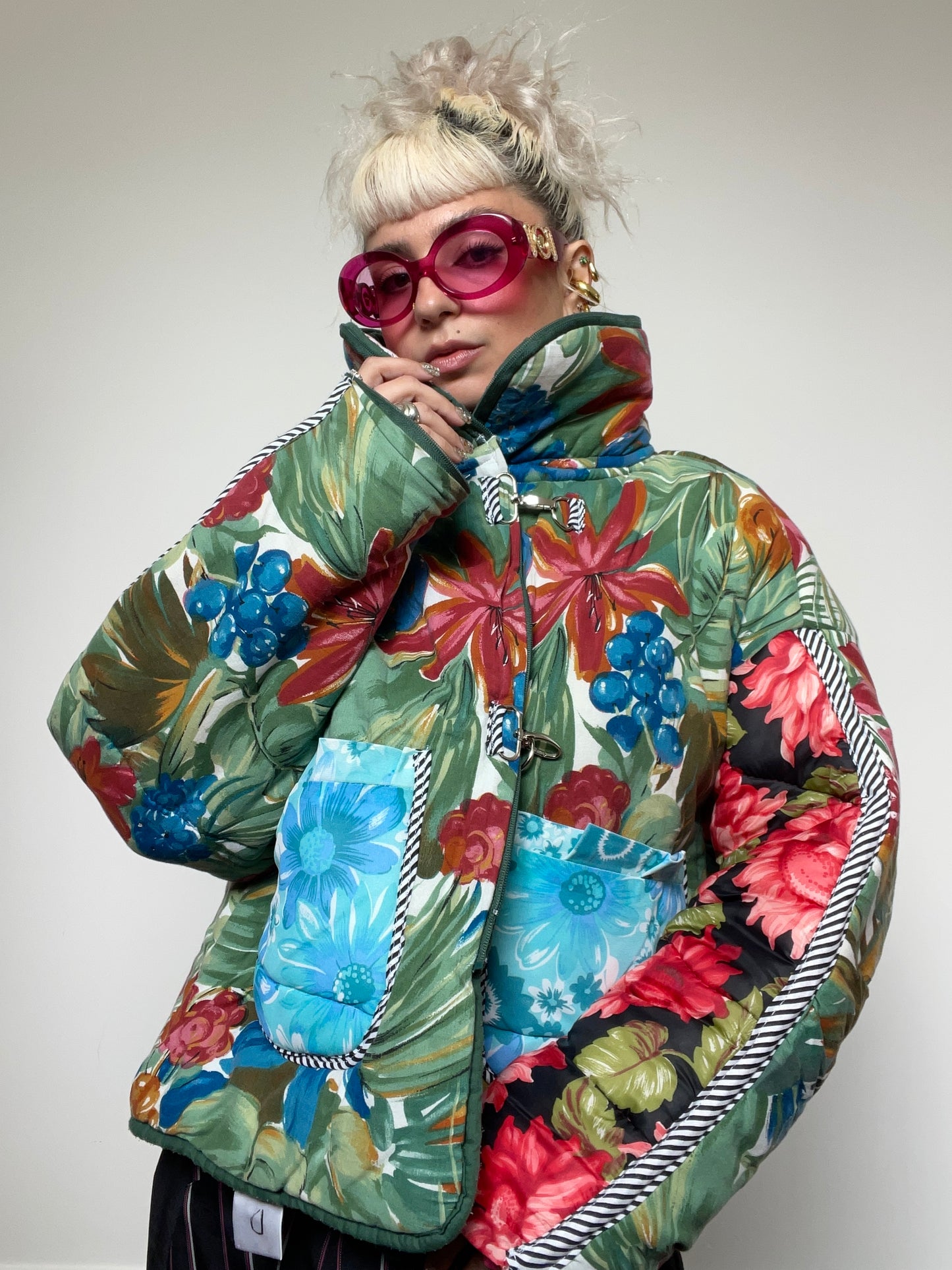Upcycled Puffer Jacket in Green and Blue Florals