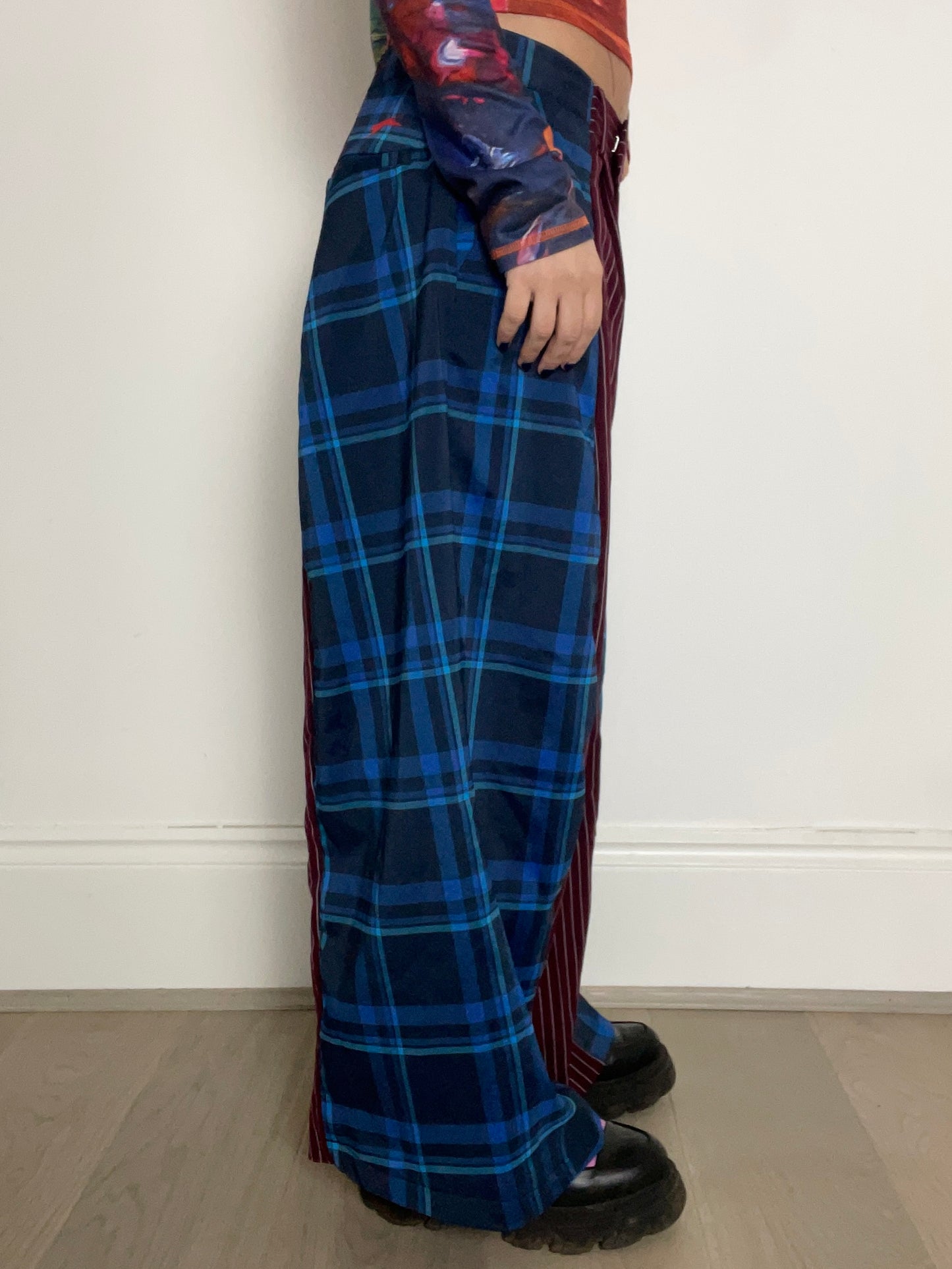 The Two-Tone Trousers in Burgundy pinstripe and Blue Tartan