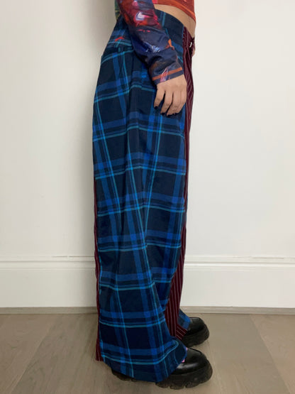 The Two-Tone Trousers in Burgundy pinstripe and Blue Tartan