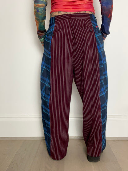 The Two-Tone Trousers in Burgundy pinstripe and Blue Tartan