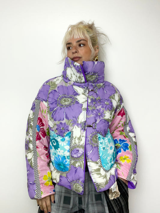 The Puffer Jacket in Purple and Blue Florals