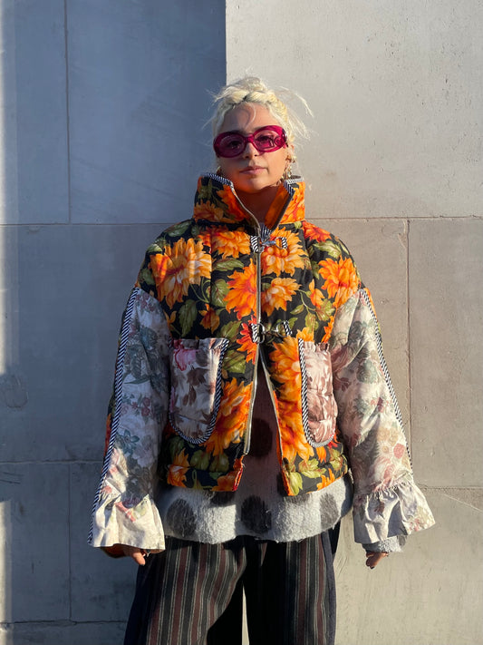 The Puffer Jacket in Orange and Pink Florals