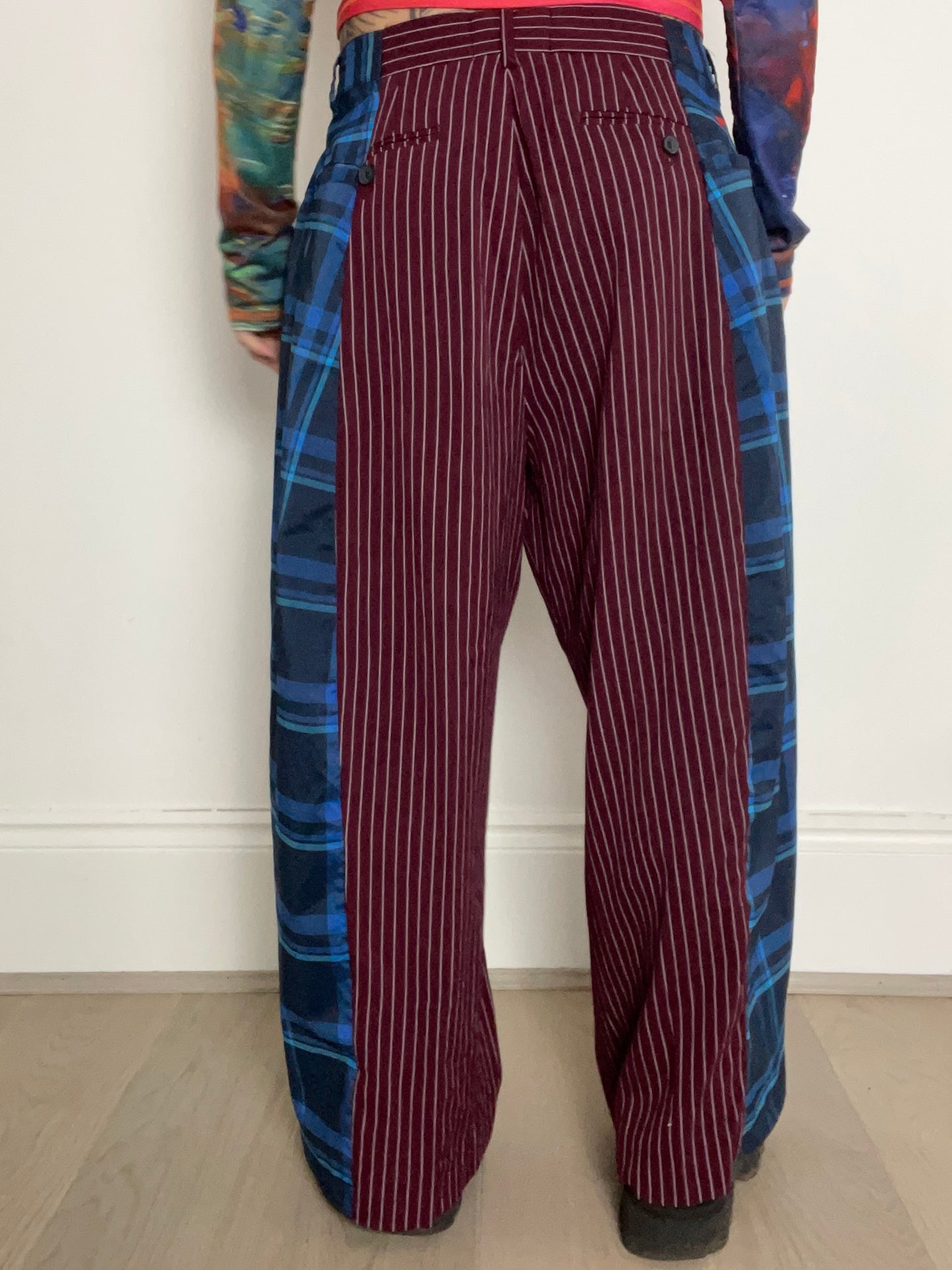The Two-Tone Trousers in Burgundy pinstripe and Blue Tartan