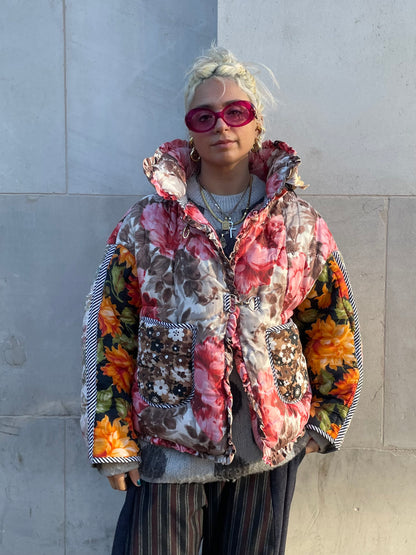 The Puffer Jacket in Pink and Orange Florals
