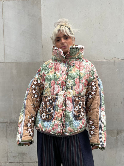 The Puffer Jacket in Pink Green and Brown Florals