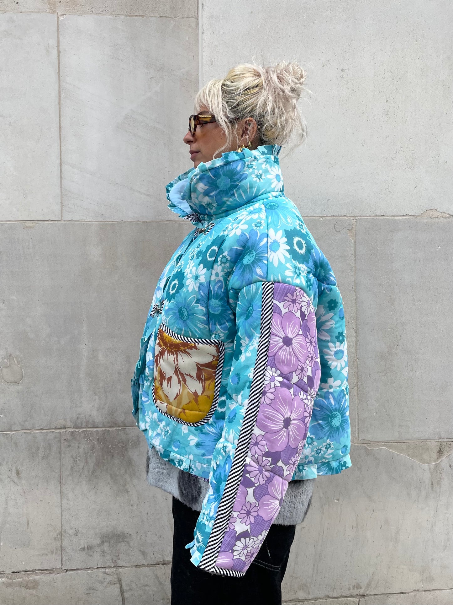 The Puffer Jacket in Blue and Yellow Florals