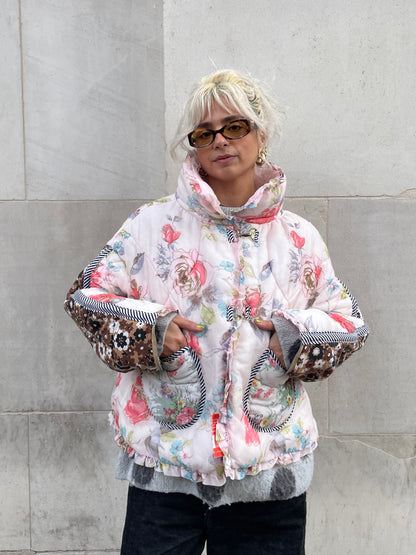 The Puffer Jacket in Pink and Brown Florals
