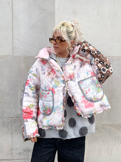 The Puffer Jacket in Pink and Brown Florals