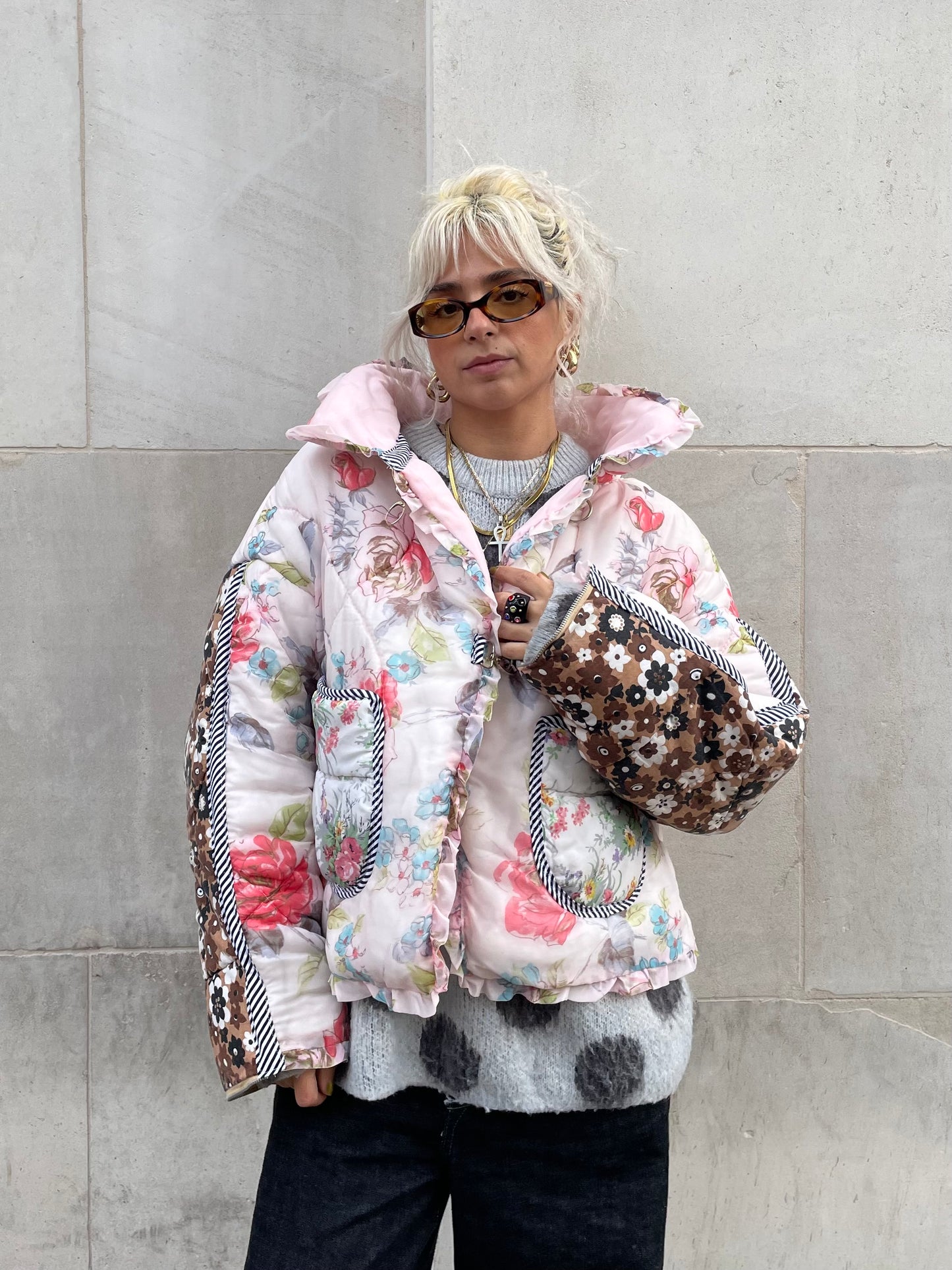 The Puffer Jacket in Pink and Brown Florals