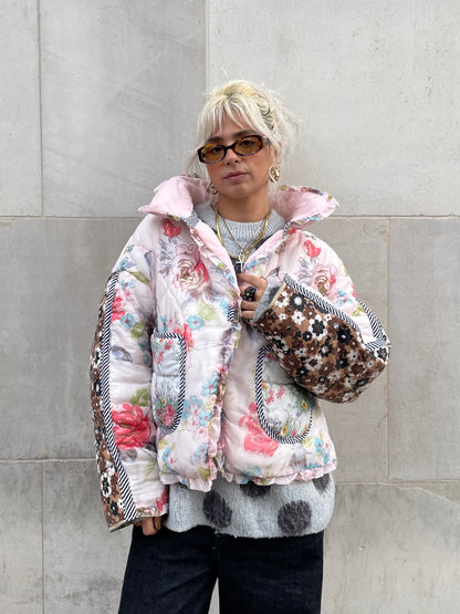 The Puffer Jacket in Pink and Brown Florals
