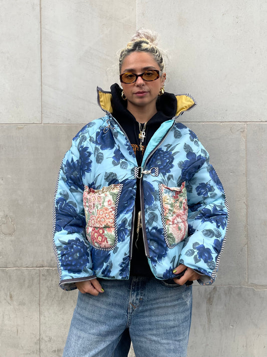 The Puffer Jacket in Blue and Pink Florals