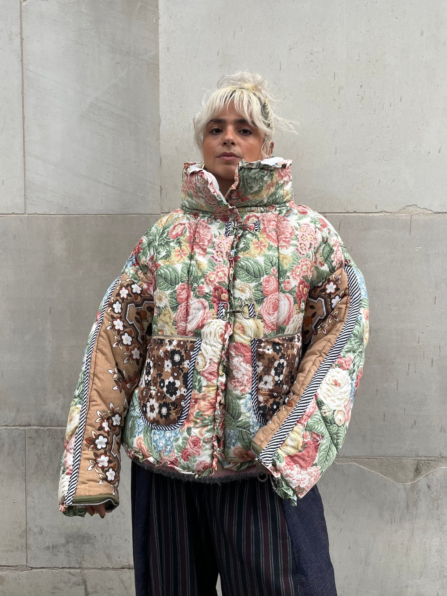 The Puffer Jacket in Pink Green and Brown Florals