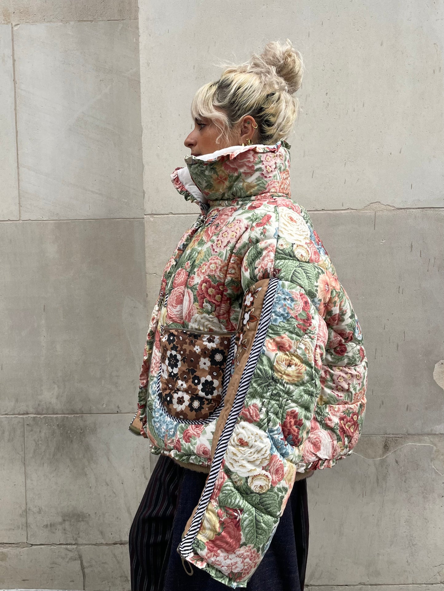The Puffer Jacket in Pink Green and Brown Florals