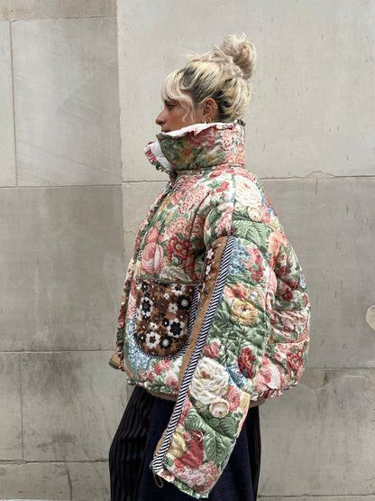 The Puffer Jacket in Pink Green and Brown Florals