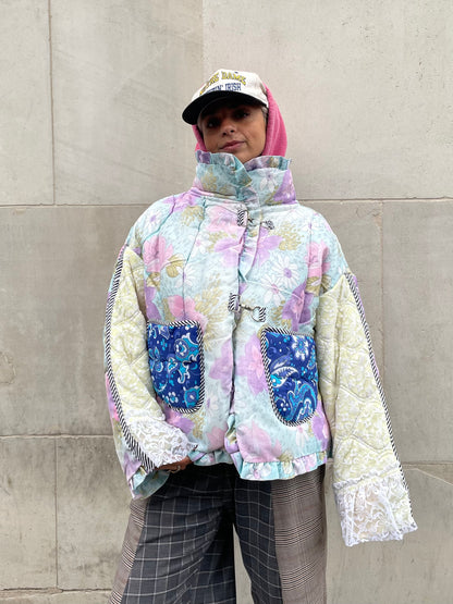 The Puffer Jacket in Pastel Blue and Lilac Florals