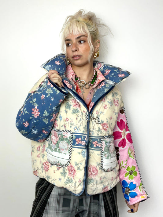 The Puffer Jacket in Beige and Pink Florals