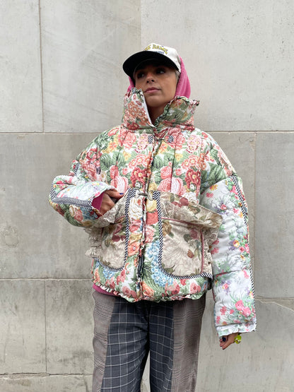The Puffer Jacket in Pink and Green Florals