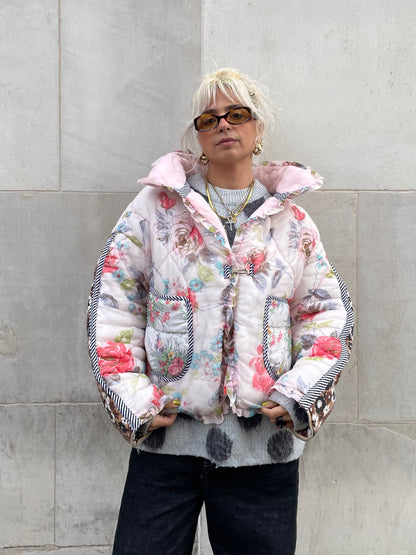 The Puffer Jacket in Pink and Brown Florals