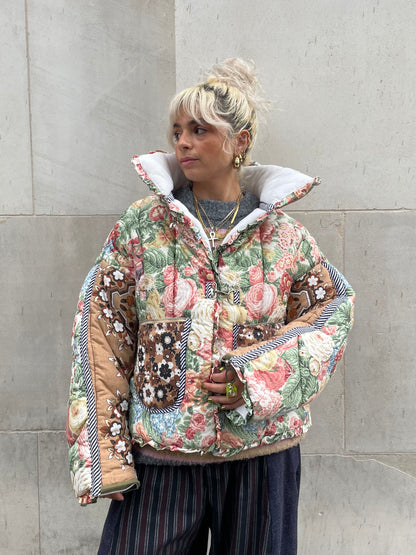 The Puffer Jacket in Pink Green and Brown Florals