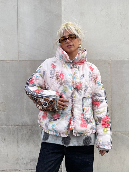 The Puffer Jacket in Pink and Brown Florals
