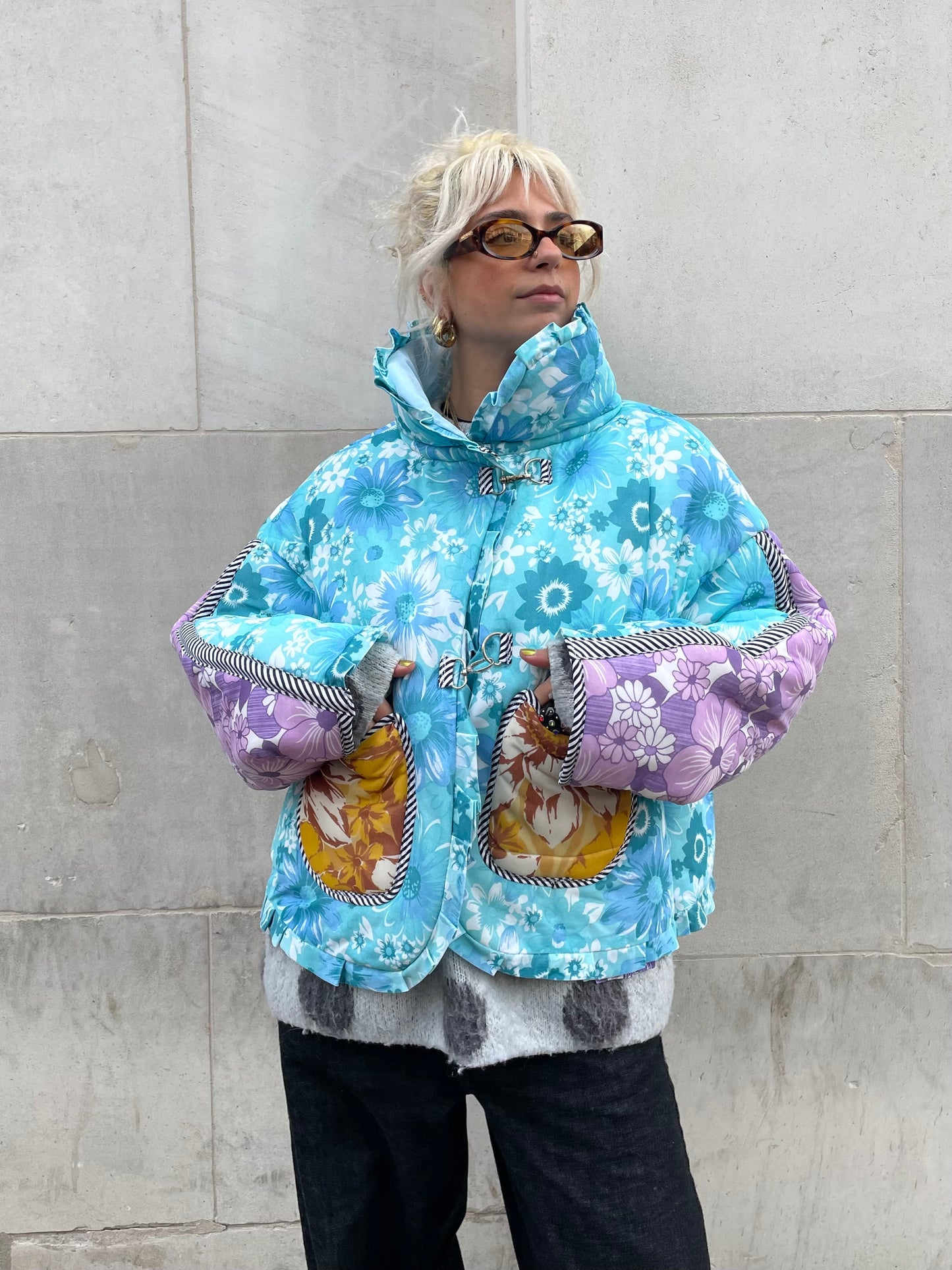 The Puffer Jacket in Blue and Yellow Florals