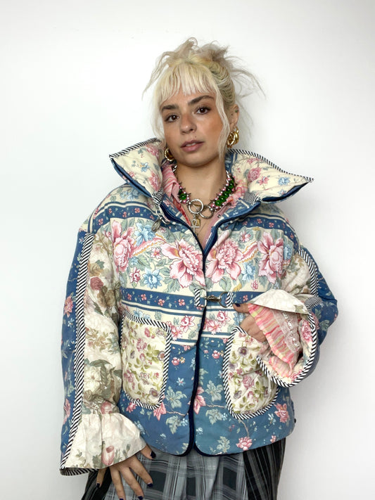 The Puffer Jacket in Blue and Beige Florals