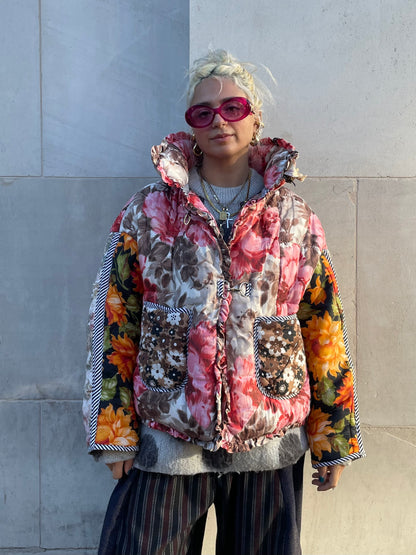 The Puffer Jacket in Pink and Orange Florals