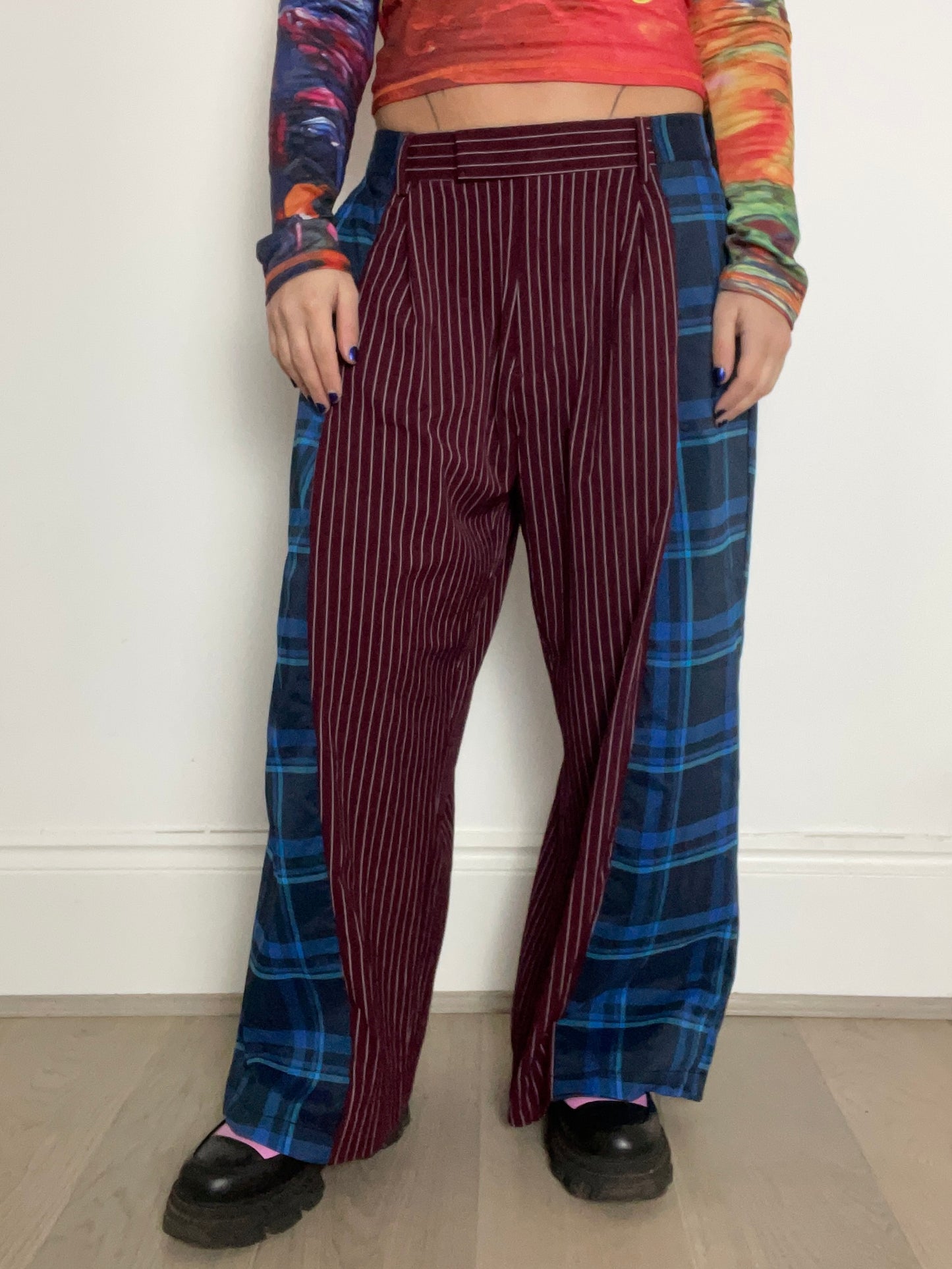 The Two-Tone Trousers in Burgundy pinstripe and Blue Tartan