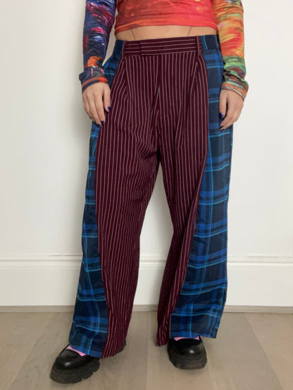 The Two-Tone Trousers in Burgundy pinstripe and Blue Tartan
