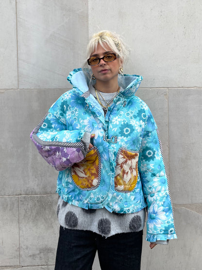 The Puffer Jacket in Blue and Yellow Florals