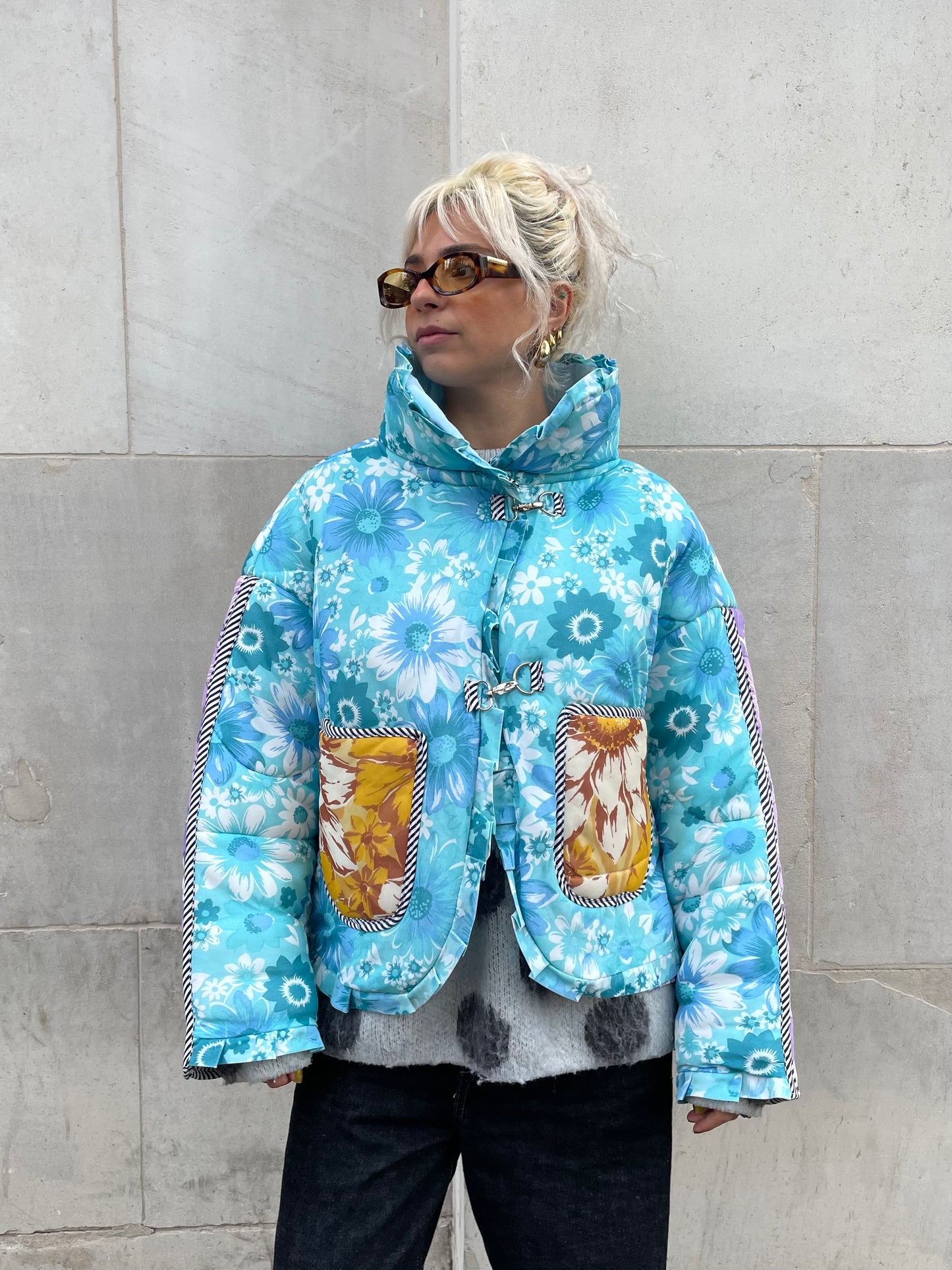 The Puffer Jacket in Blue and Yellow Florals