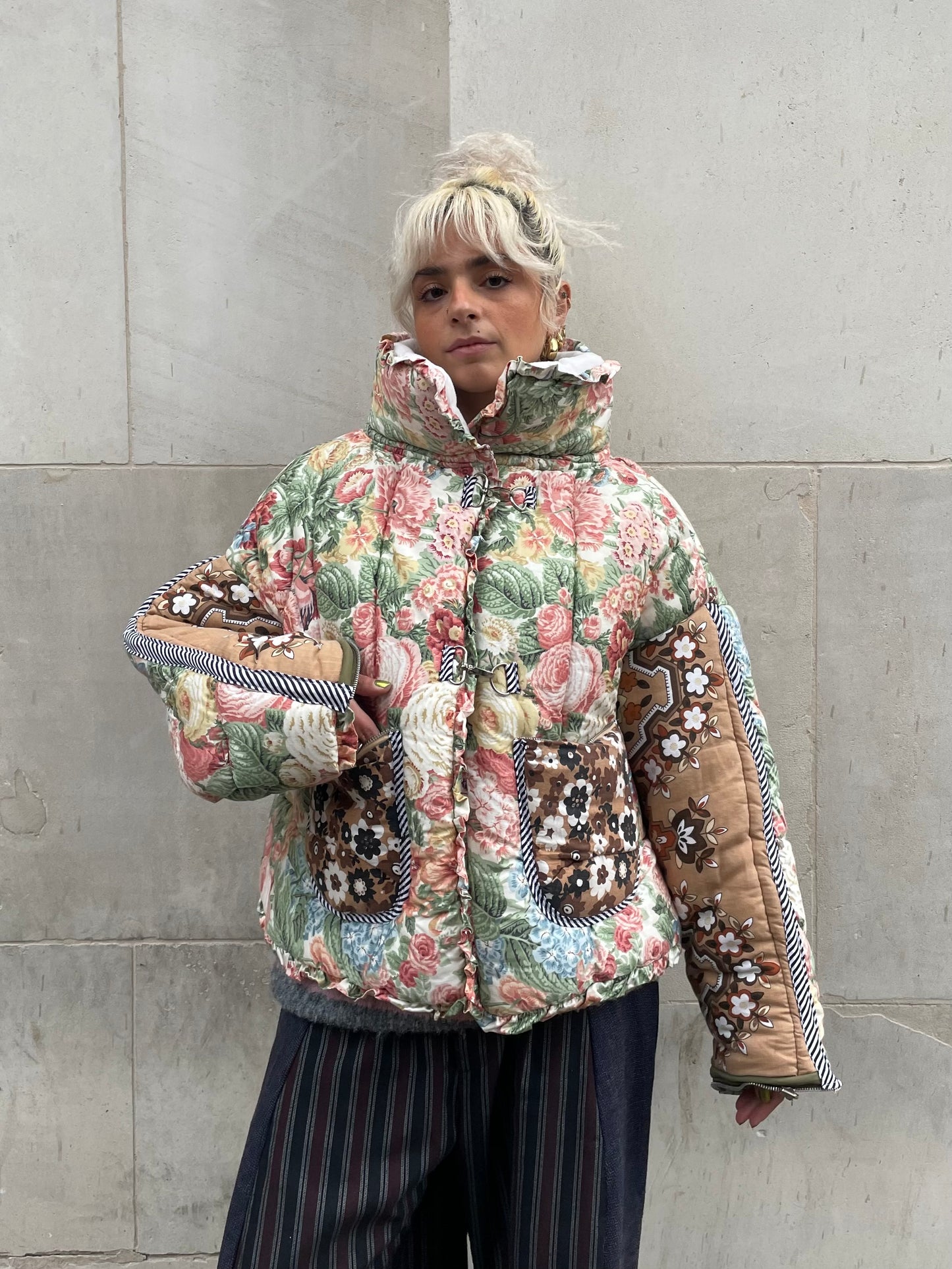 The Puffer Jacket in Pink Green and Brown Florals
