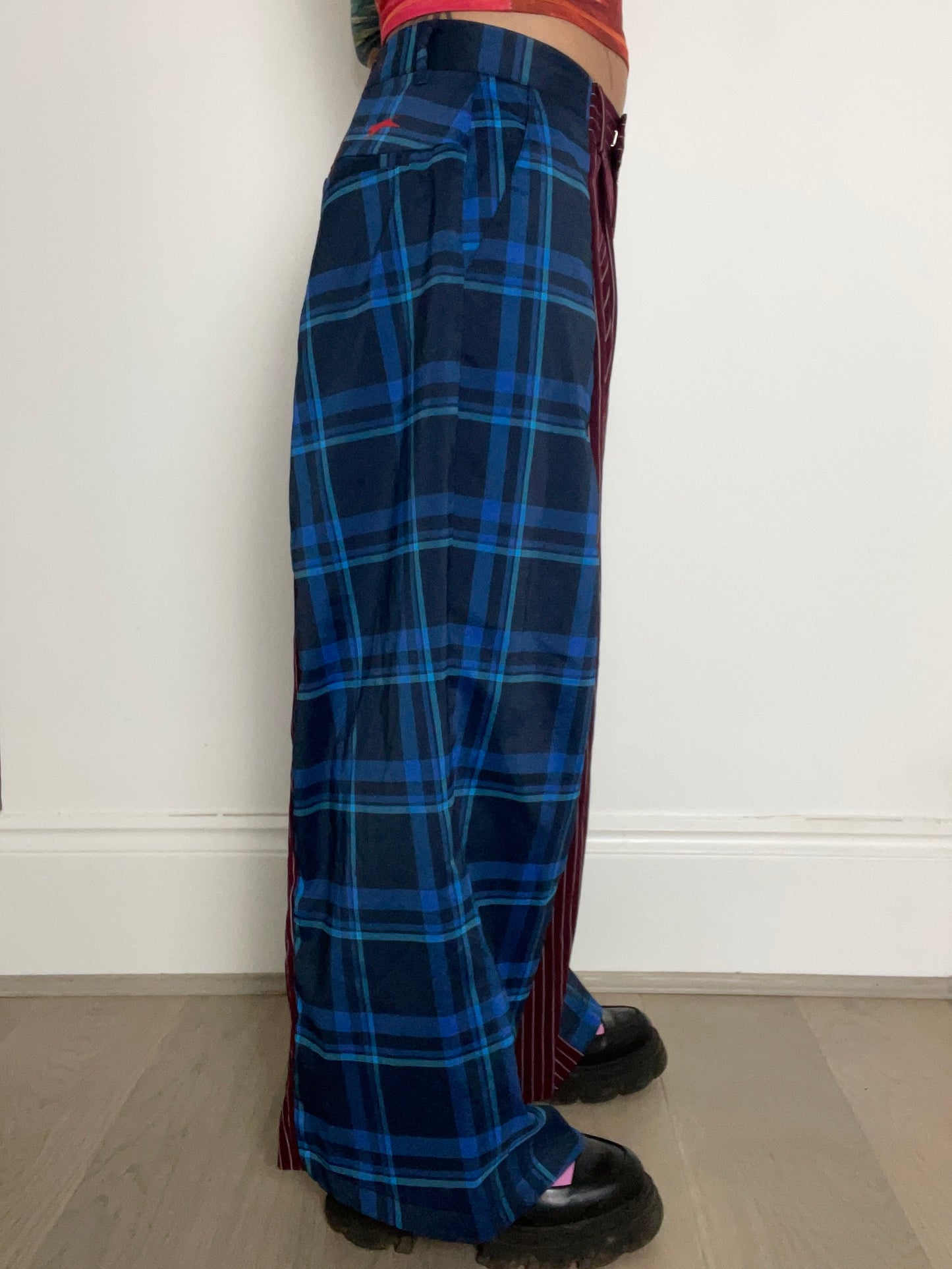 The Two-Tone Trousers in Burgundy pinstripe and Blue Tartan