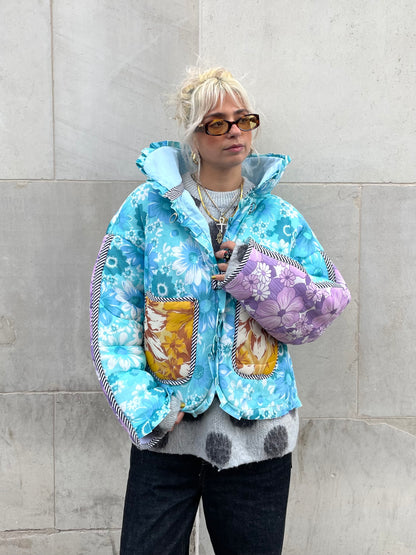 The Puffer Jacket in Blue and Yellow Florals