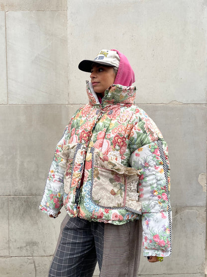 The Puffer Jacket in Pink and Green Florals