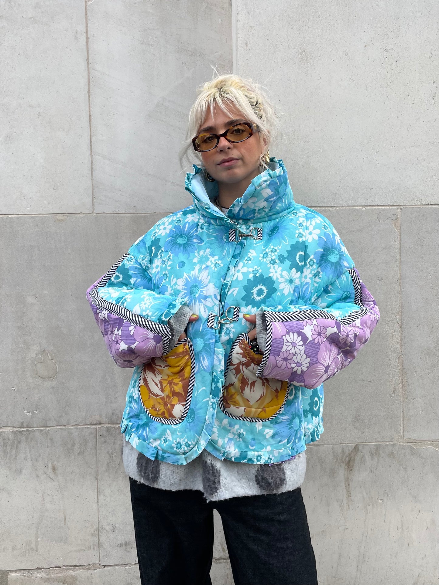 The Puffer Jacket in Blue and Yellow Florals