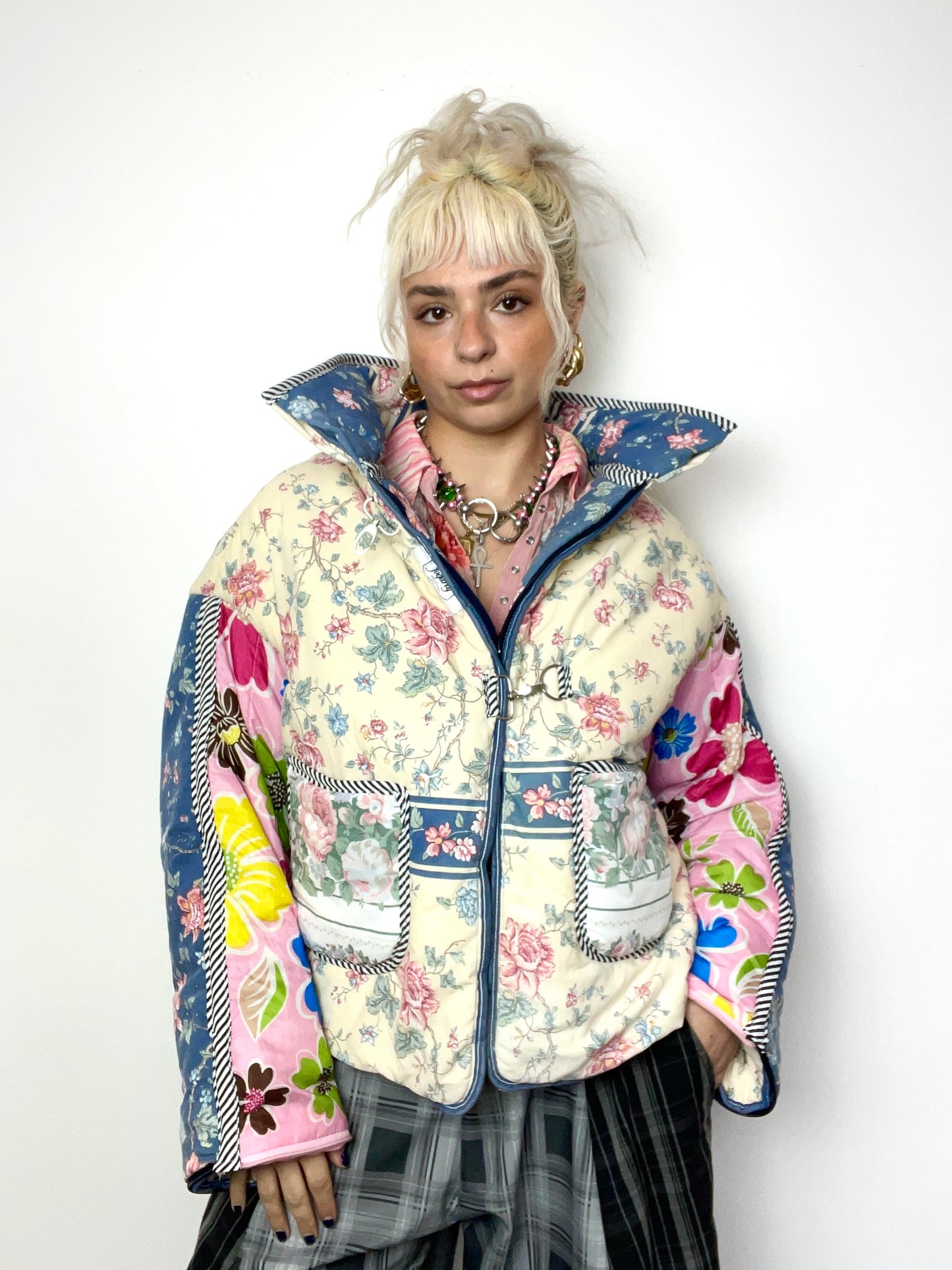The Puffer Jacket in Beige and Pink Florals