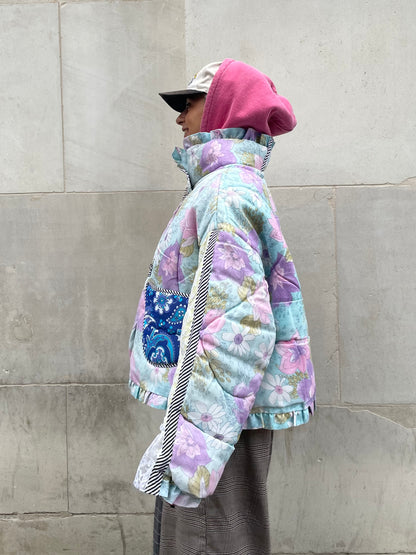 The Puffer Jacket in Pastel Blue and Lilac Florals