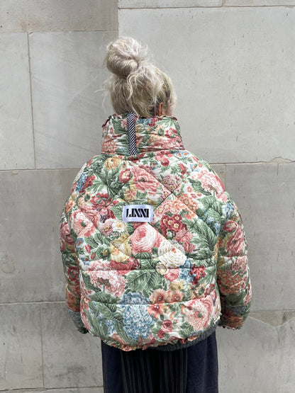 The Puffer Jacket in Pink Green and Brown Florals