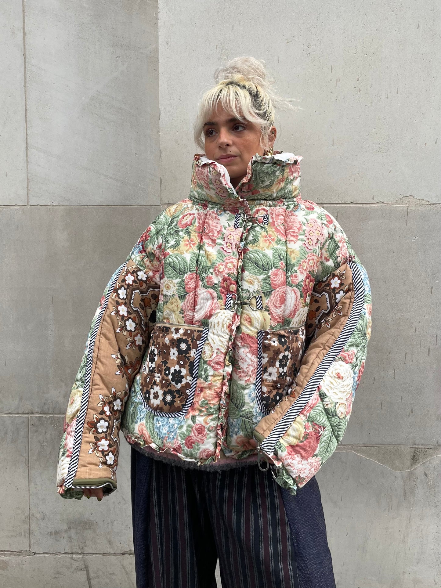 The Puffer Jacket in Pink Green and Brown Florals