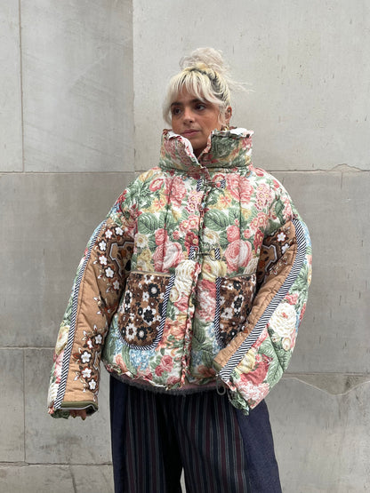 The Puffer Jacket in Pink Green and Brown Florals