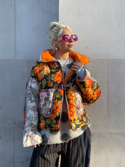 The Puffer Jacket in Orange and Pink Florals