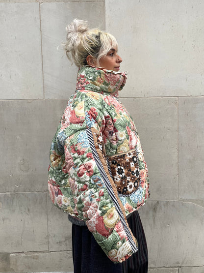 The Puffer Jacket in Pink Green and Brown Florals