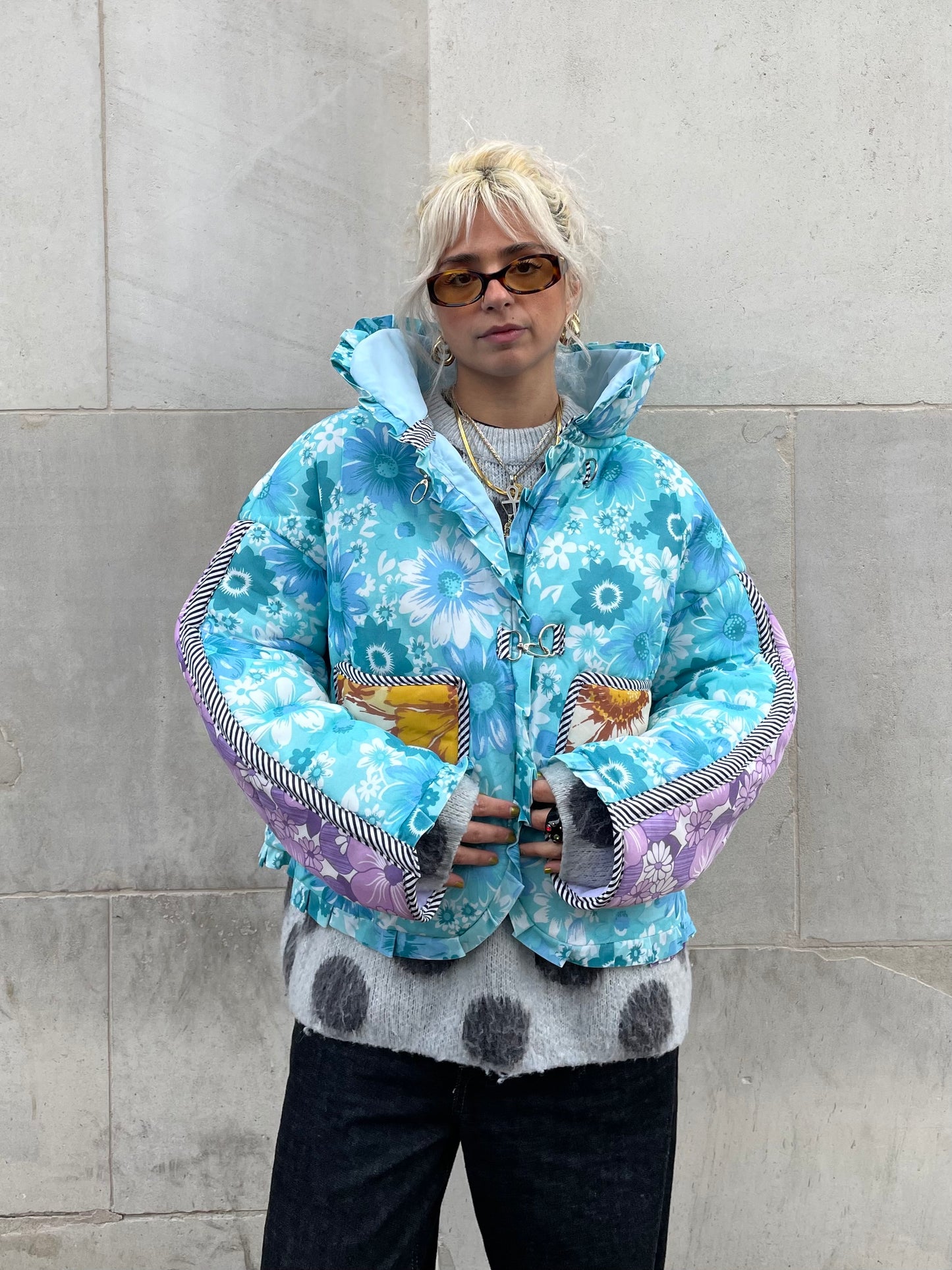 The Puffer Jacket in Blue and Yellow Florals