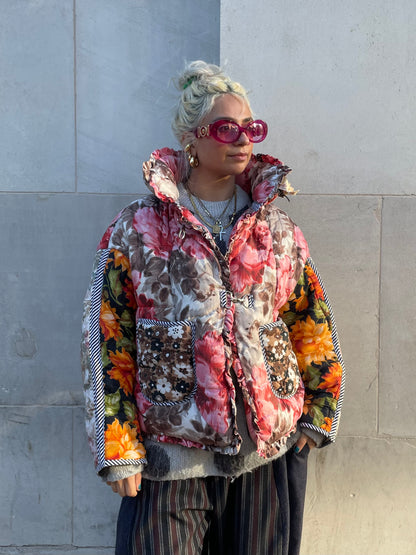The Puffer Jacket in Pink and Orange Florals